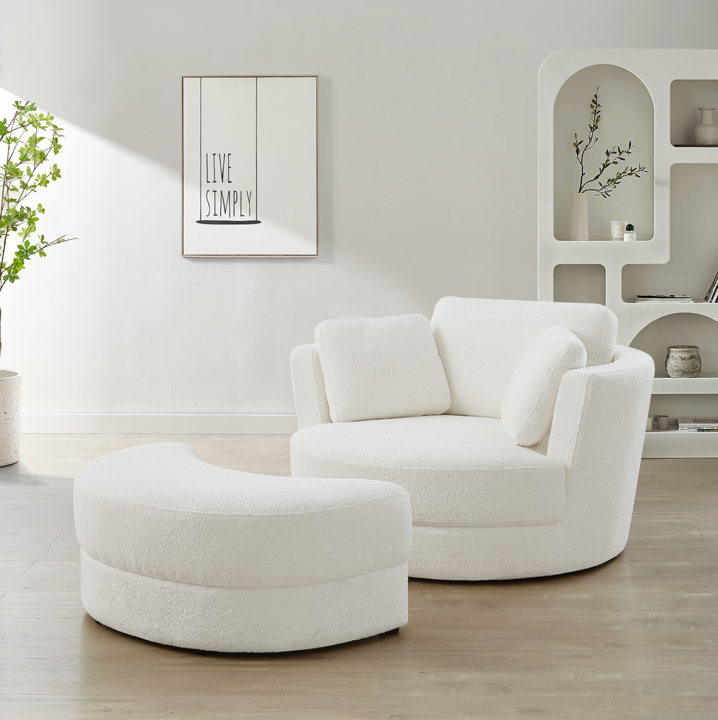 Brandy | White Boucle | Swivel Chair with Ottoman | Furniture Forum